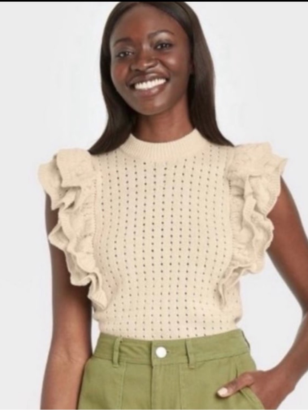Who What Wear Cream Ruffle-Sleeve Knit Tank